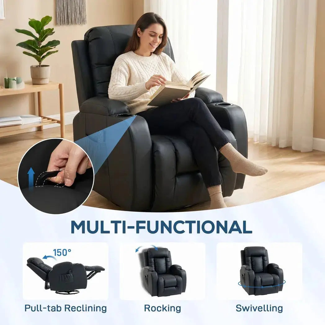 HOMCOM PU Leather Recliner Chair, Recliner Armchair with Extended Footrest, Cup Holders and Side Pockets, Black - from HOMCOM