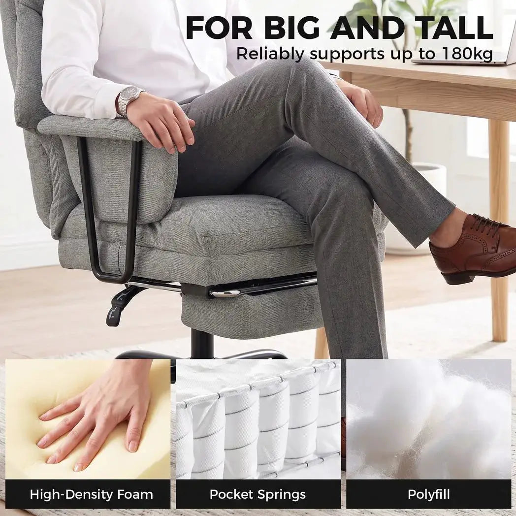 HOMCOM Office Chair, 180kg Heavy Duty Linen Computer Desk Chair with Lumbar Support, Wide Seat, Spring Cushion, Grey - from HOMCOM