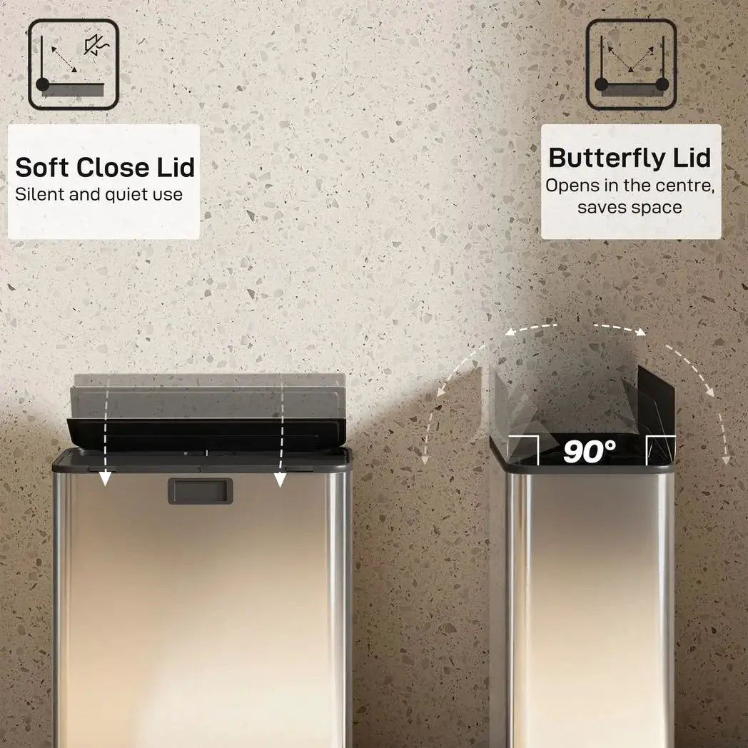 HOMCOM Dual Kitchen Bin with Soft-Close Butterfly Lid, 2 x 28L Stainless Steel Pedal Bin with Removable Inner Buckets, Fingerprint-Proof for Recycling and Waste, Silver Tone - from HOMCOM