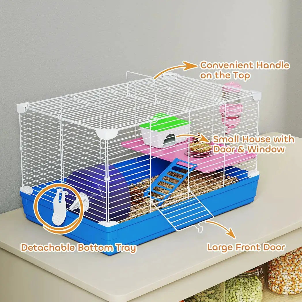 PawHut Hamster Cage, Small Gerbil Cage 2 Tiers Portable w/ Handle, Exercise Wheel, Water Bottle, Dishes, Blue - from PawHut