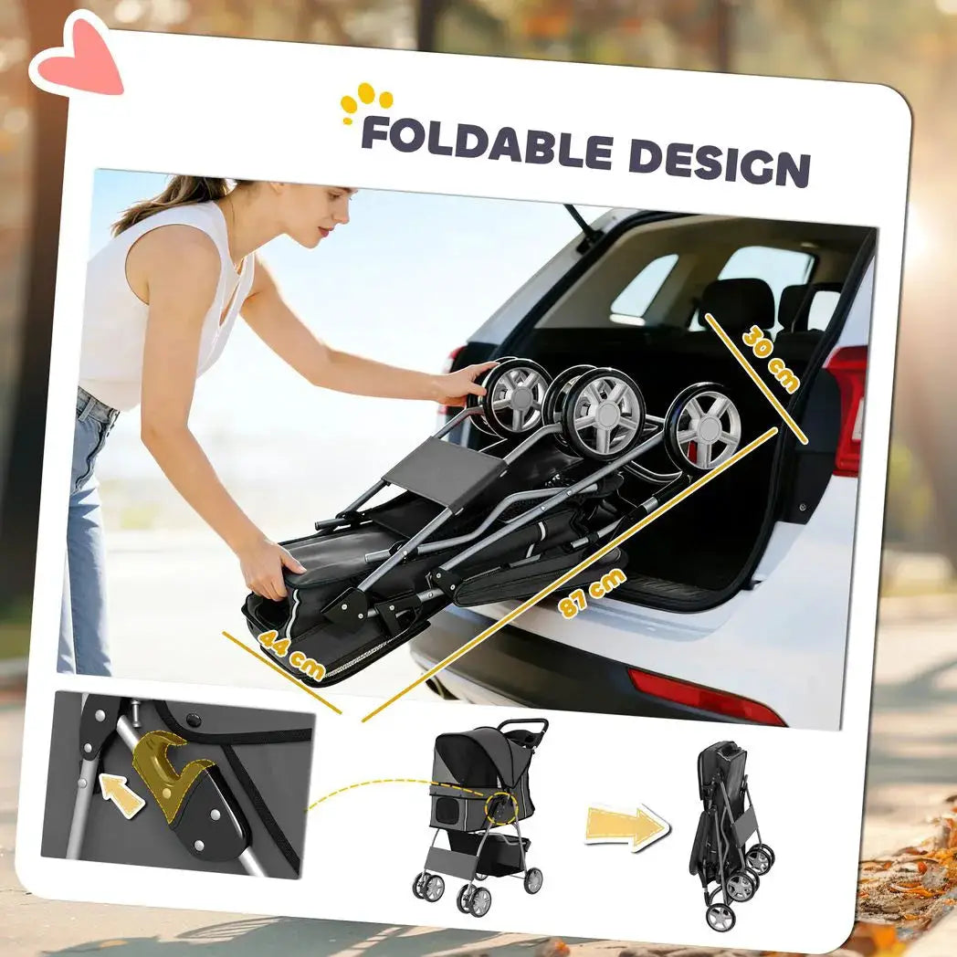 PawHut Dog Pram, Pet Stroller with Reflective Strips, Foldable Cat Stroller with 360° Swivel Wheels, Dark Grey - from PawHut
