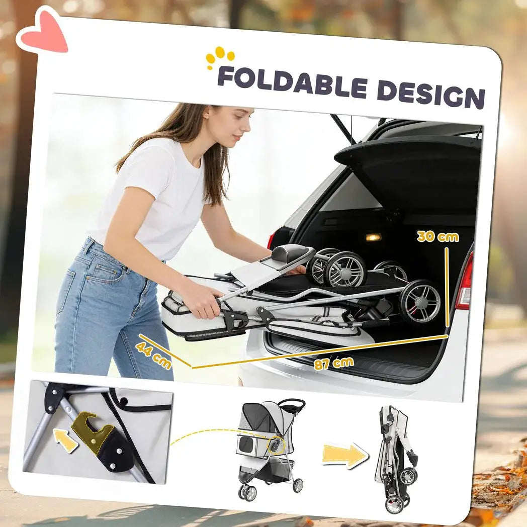PawHut Dog Stroller, 3 Wheels Foldable Pet Stroller with Adjustable Canopy, Storage Basket for Small Mini Breeds, Grey - from PawHut