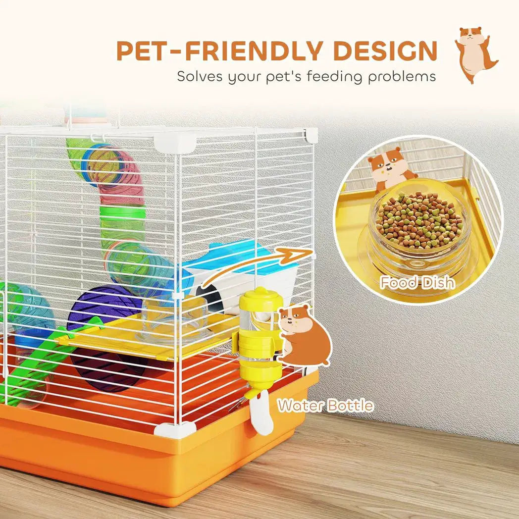 PawHut 2 Tier Hamster Cage, Gerbil Cage with Handle, Exercise Wheels, Tunnel, Water Bottle, Dishes, Ladder, for Dwarf - from PawHut