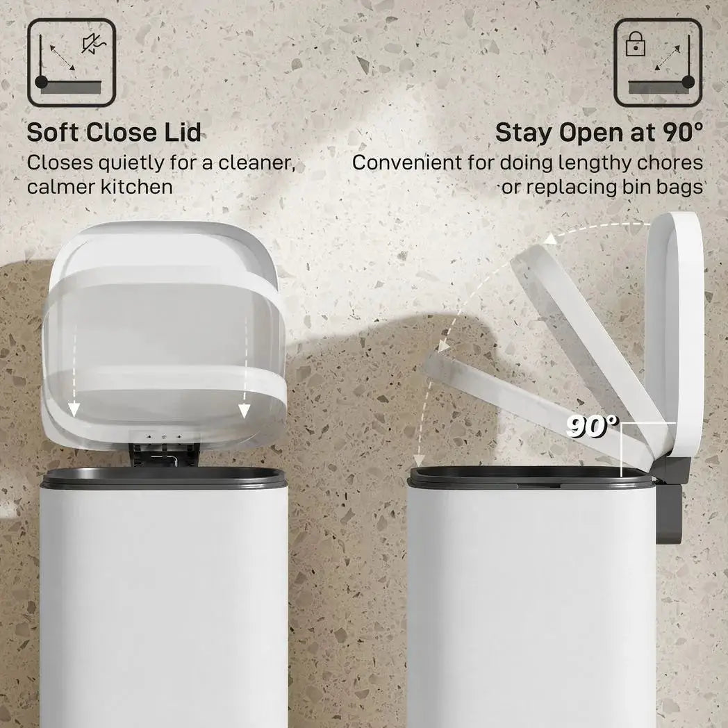 HOMCOM 30L Kitchen Bin, Compact Pedal Bin with Soft-Close and Stay-Open Lid, Removable Bucket for Kitchen, Home, Office, White - from HOMCOM