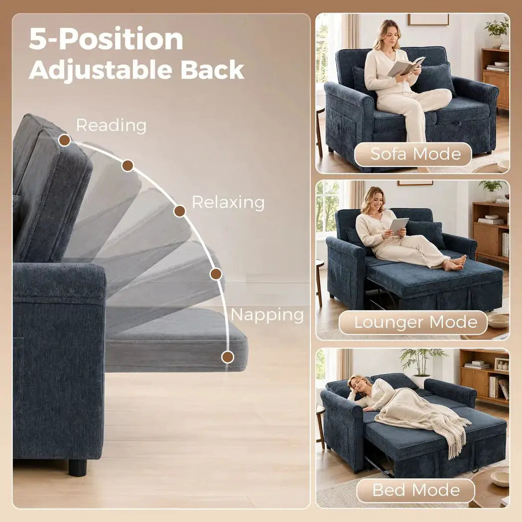 HOMCOM 2 Seater Sofa Bed 3-in-1 Convertible Chenille Pull Out Sleeper Sofa with 5-Position Adjustable Backrest, Dark Blue - from HOMCOM