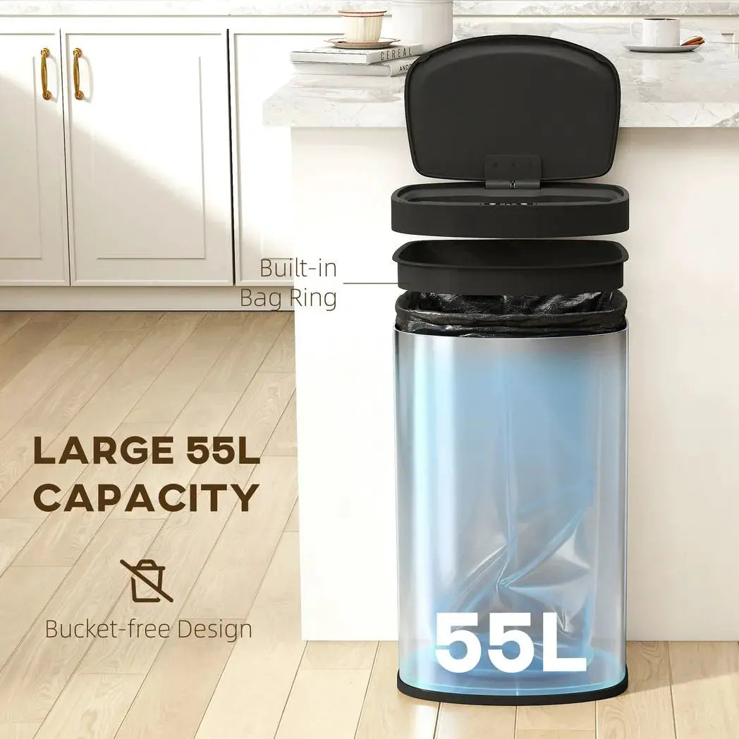 HOMCOM 55L Sensor Bin with Soft-Close Lid, Automatic Touchless Motion Sensor Kitchen Bin with Fingerprint Resistant Stainless Steel for Hygienic Gyms, Home Office Use, Silver Tone - from HOMCOM