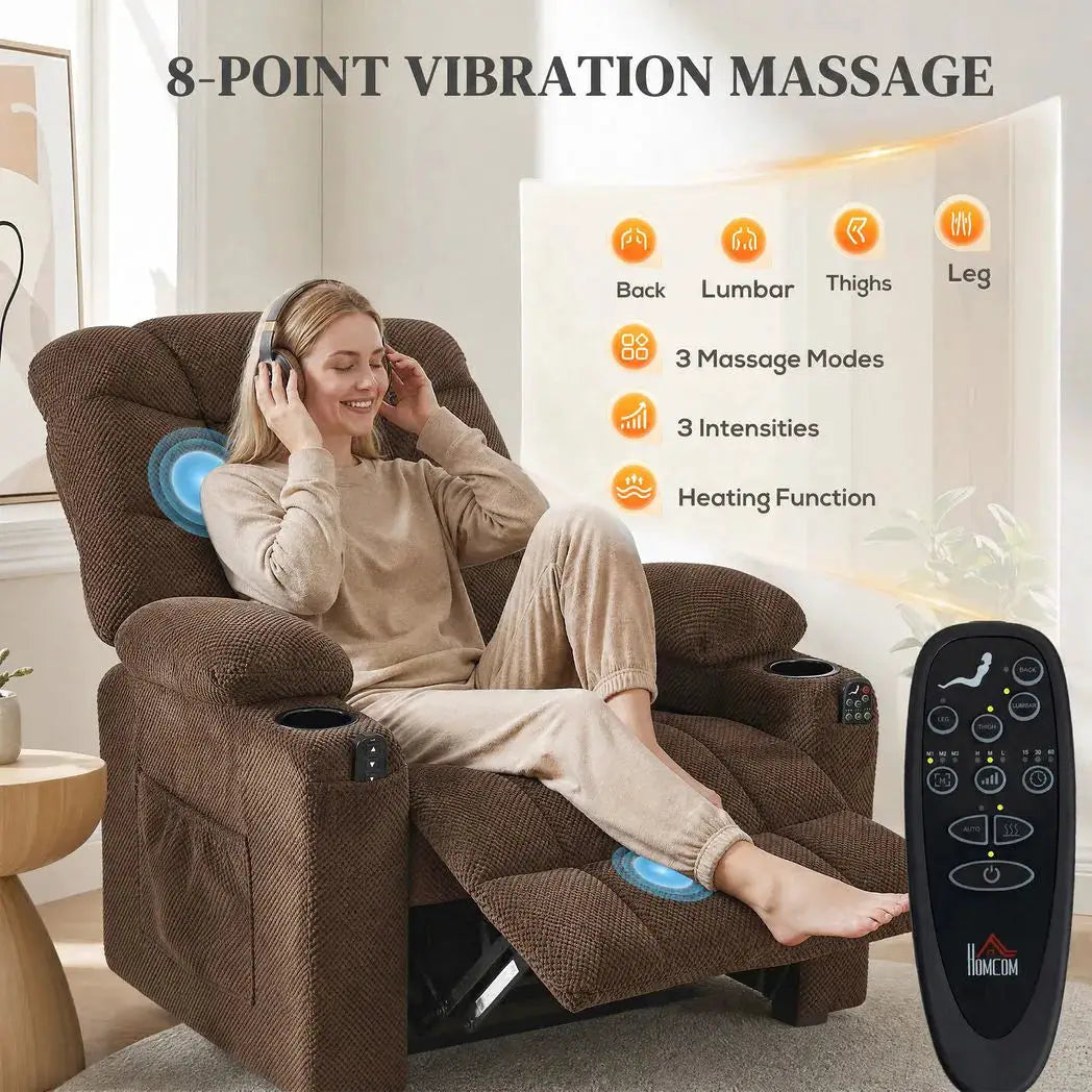 HOMCOM Electric Massage Recliner Armchair with Vibration, Heat, Whisper-Quiet Motor, Memory Function, Fleece Power Reclining Chair with Spring Pack, USB Port, Footrest, Side Pocket, Brown - from HOMCOM