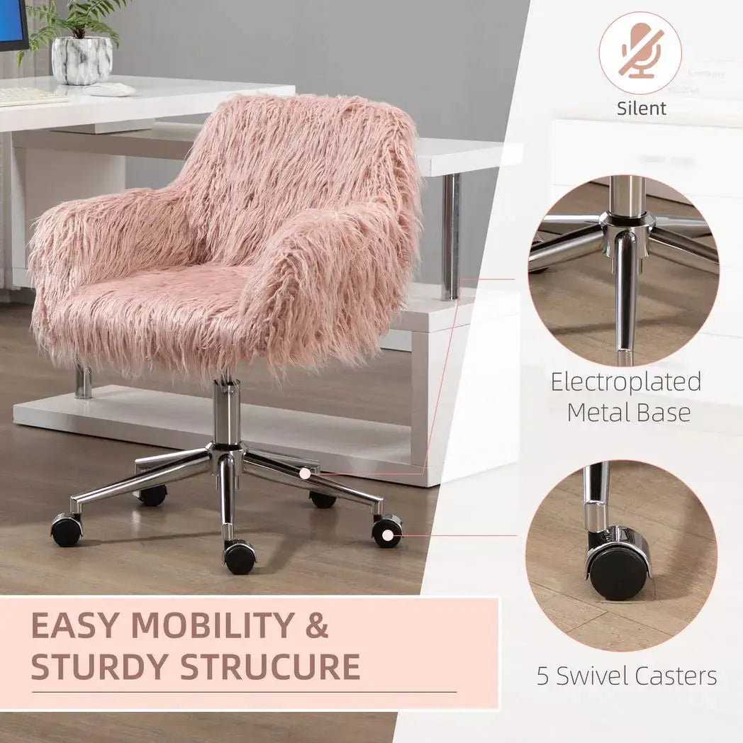 Vinsetto Faux Fur Desk Chair, Rolling Swivel Makeup Chair with Adjustable Height, Armrets for Home Office, Bedroom, Pink - from Vinsetto