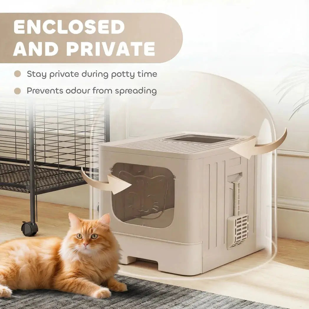 PawHut Cat Litter Box with Lid, Slide-Out Drawer, Scoop, Easy Clean, Odour Control, Anti-Splashing, Khaki - from PawHut