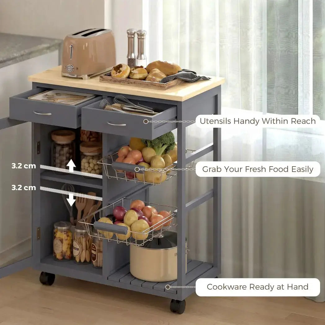 HOMCOM Bamboo Kitchen Island, Rolling Kitchen Trolley with Glass Door, 2 Metal Wire Baskets and Adjustable Shelf, Grey - from HOMCOM