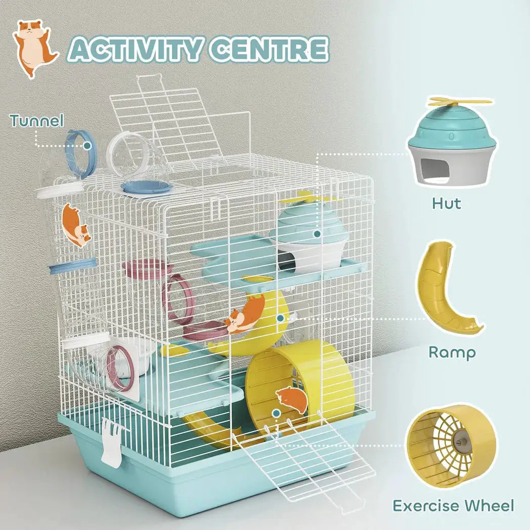 PawHut 3-Level Hamster Cage with Exercise Wheel, Water Bottle, Food Bowl, for Dwarf Hamsters, 34.5 x 27.5 x 41 cm, Blue - from PawHut