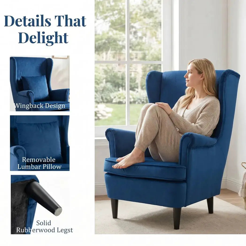 HOMCOM Modern Accent Chair with High Backrest and Pillow, Velvet-Feel Fabric Reading Chair with Solid Wood Legs, Blue - from HOMCOM
