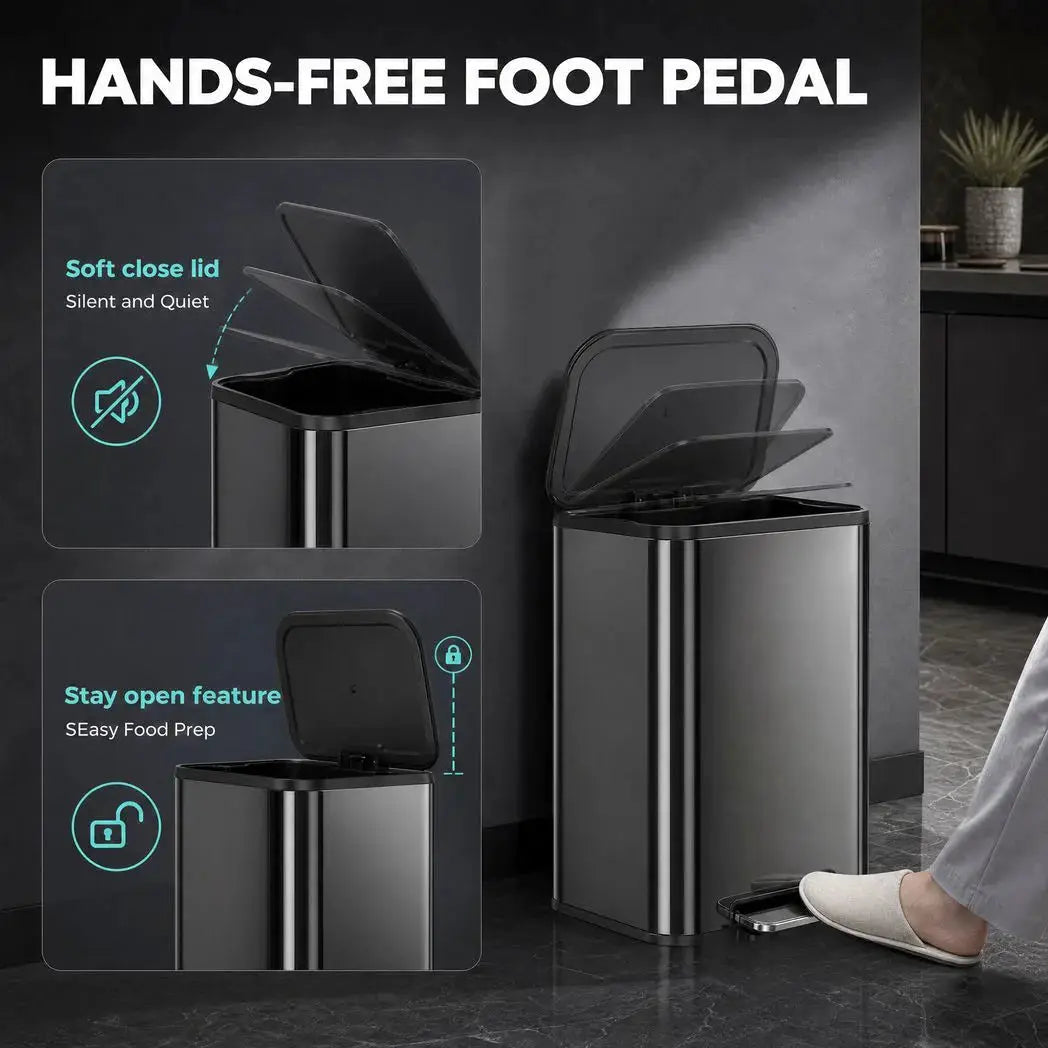 HOMCOM 50L Kitchen Bin, Metal Pedal Rubbish Bin with Soft Close and Stay-Open Lid, Removable Inner Bucket, High Gloss Black - from HOMCOM