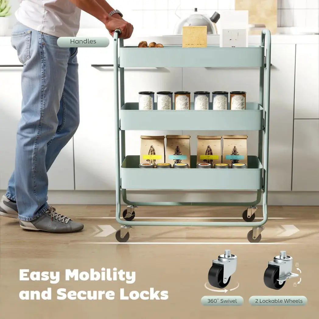 HOMCOM 3-Tier Storage Trolley on Wheels, Rolling Utility Cart with Mesh Backets for Kitchen, Bathroom, Bedroom, Light Green - from HOMCOM