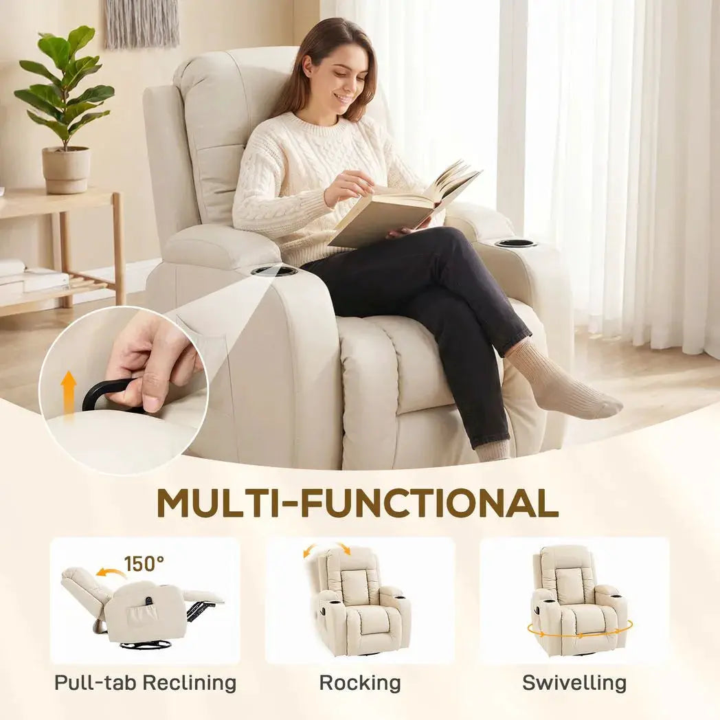 HOMCOM PU Leather Recliner Chair, Recliner Armchair with Extended Footrest, Cup Holders and Side Pockets, Cream - from HOMCOM