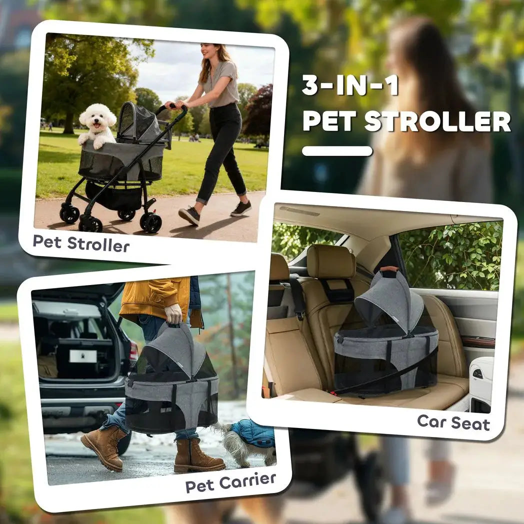 PawHut Pet Stroller, Foldable Dog Cat Stroller with Detachable Carrier, Wheels, Storage Basket, Secure Leash - from PawHut