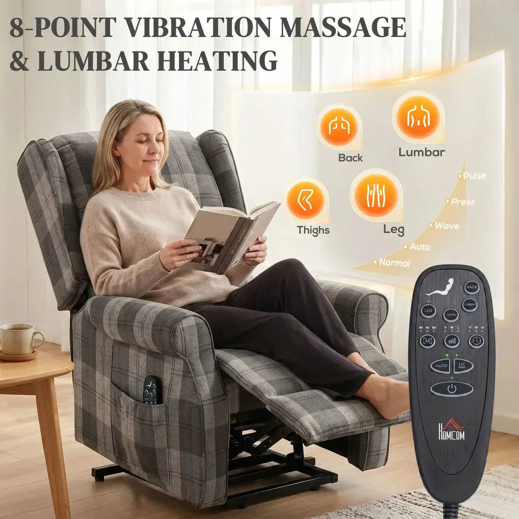 HOMCOM Power Lift Recliner Chair with Vibration Massage, Heat, Checked Lift Chair with Remote, Side Pockets, Grey - from HOMCOM