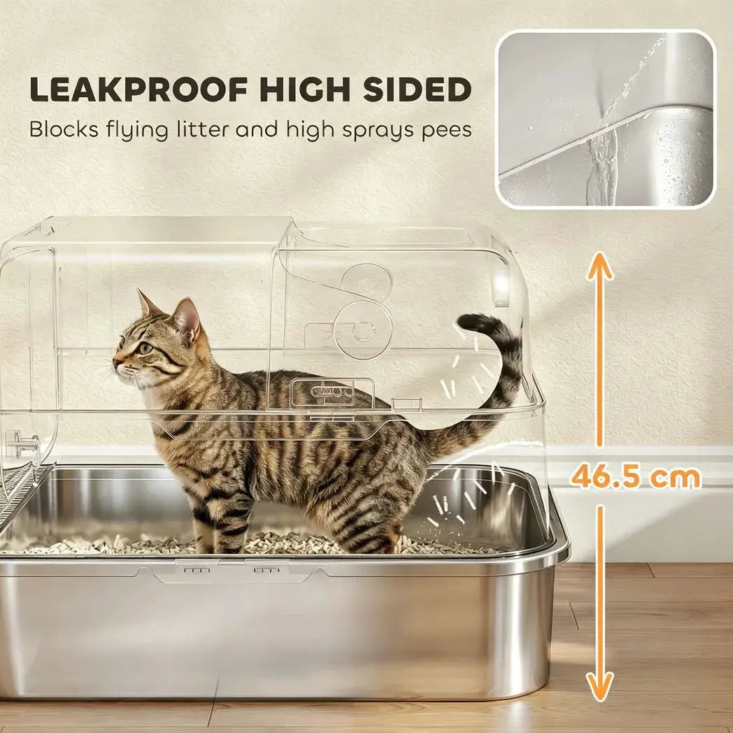 PawHut XXL Stainless Steel Cat Litter Tray, Enclosed Cat Litter Box with 90° Flip Cover, Double Doors, Scoop, Easy Clean, Grey - from PawHut