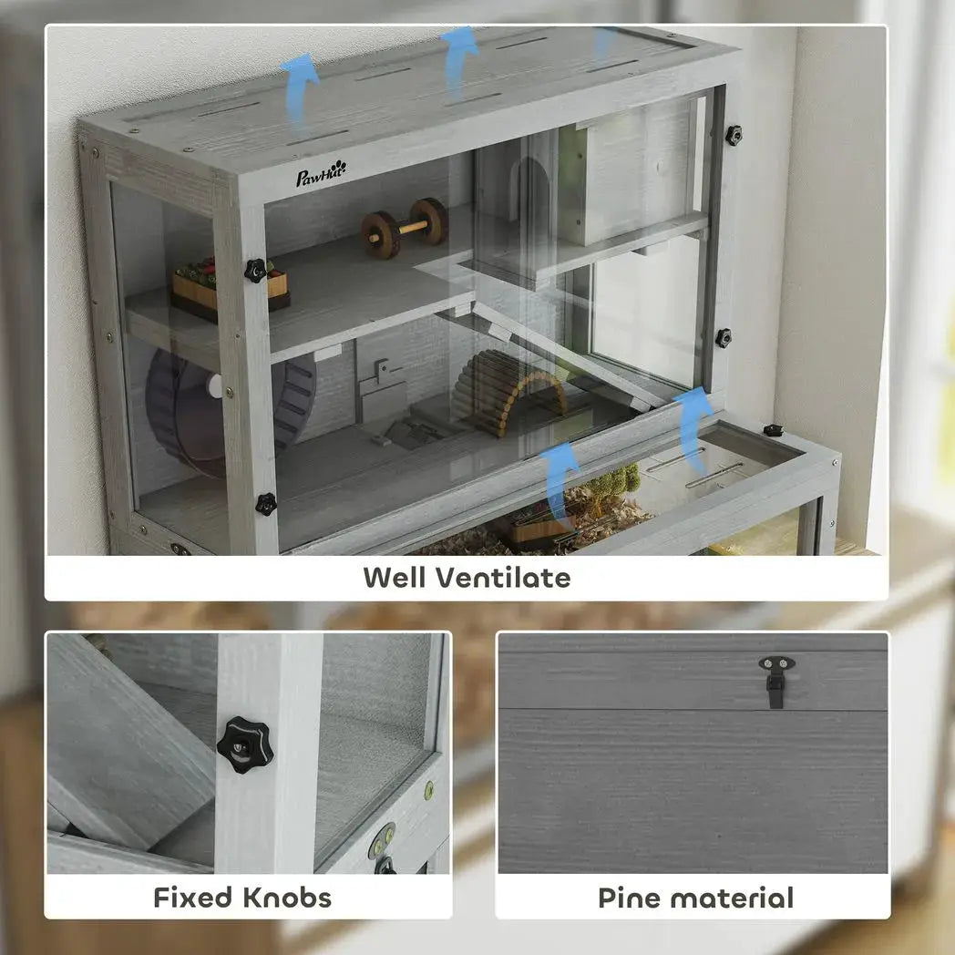 PawHut Wooden Hamster Cage with Hut, Wheel, Ramps, Removable Viewing Panels, 80 x 50 x 84 cm, Grey - from PawHut