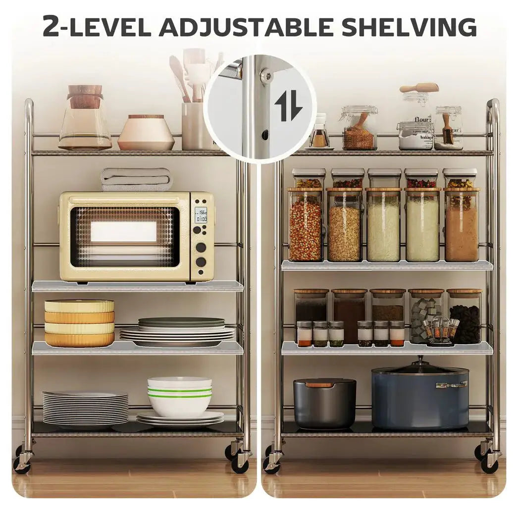 HOMCOM 4 Tier Stainless Steel Kitchen Storage Trolley with Adjustable Shelves - Silver - from HOMCOM