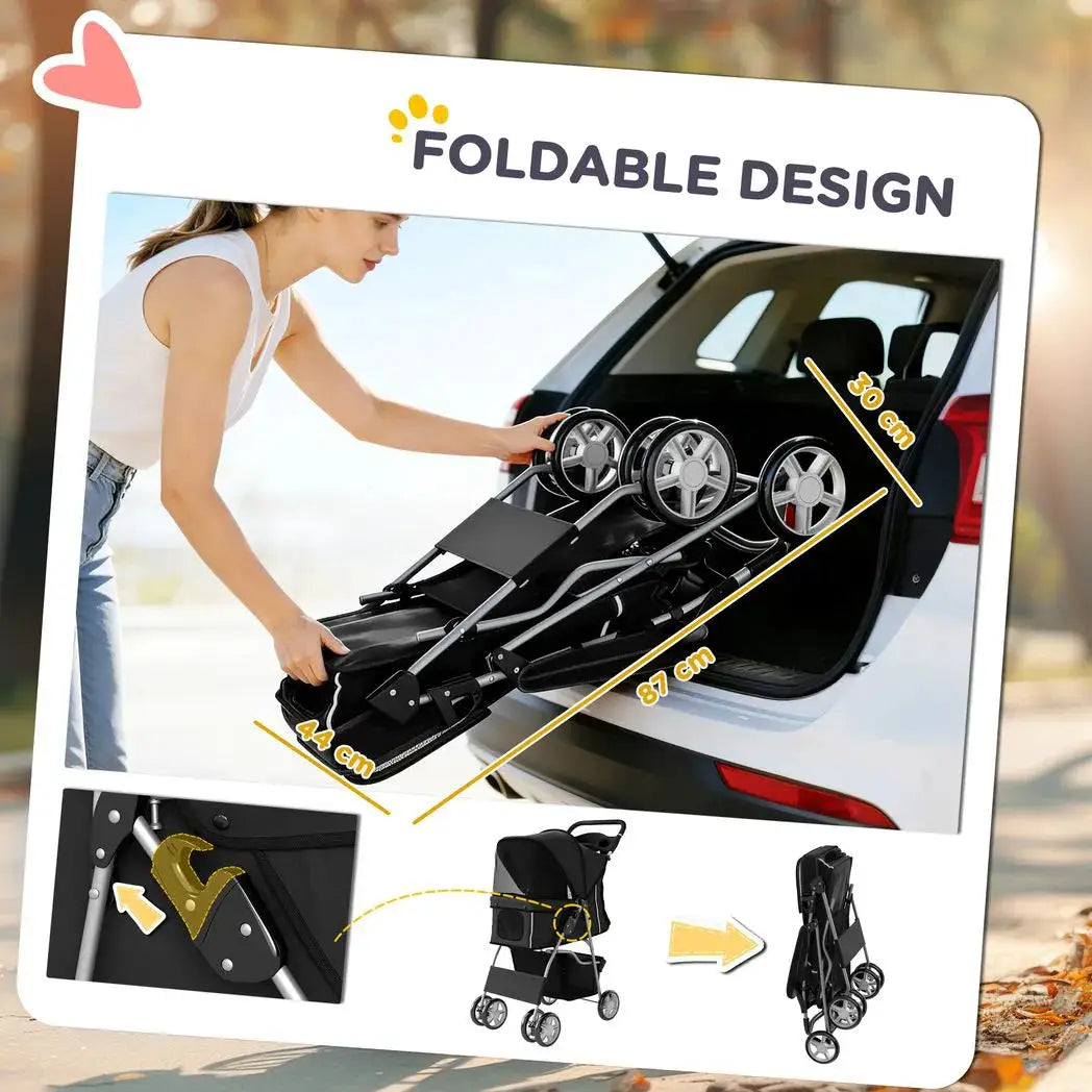 PawHut Dog Pram, Pet Stroller with Reflective Strips, Foldable Cat Stroller with 360° Swivel Wheels, Black - from PawHut