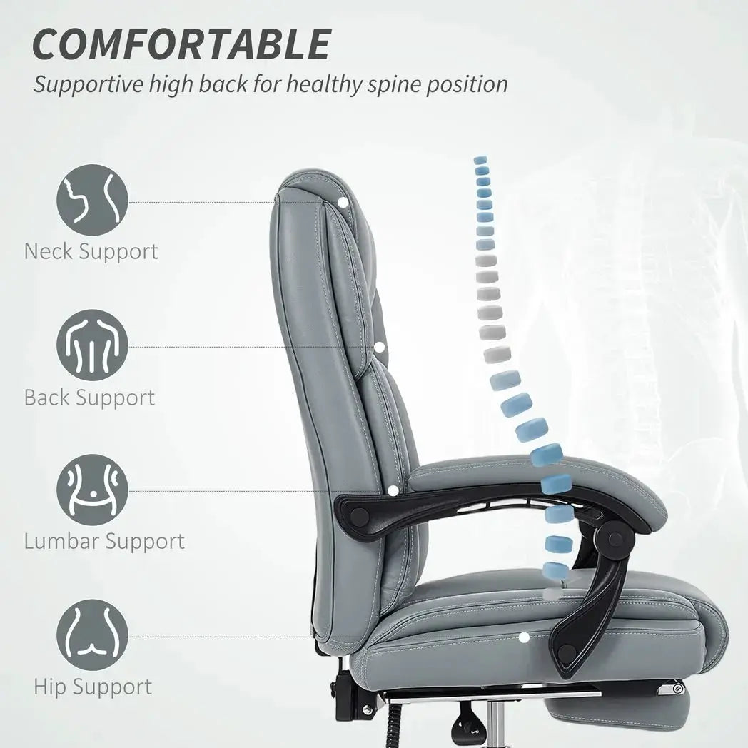 HOMCOM Faux Leather Reclining Office Chair, with Footrest - Grey - from HOMCOM