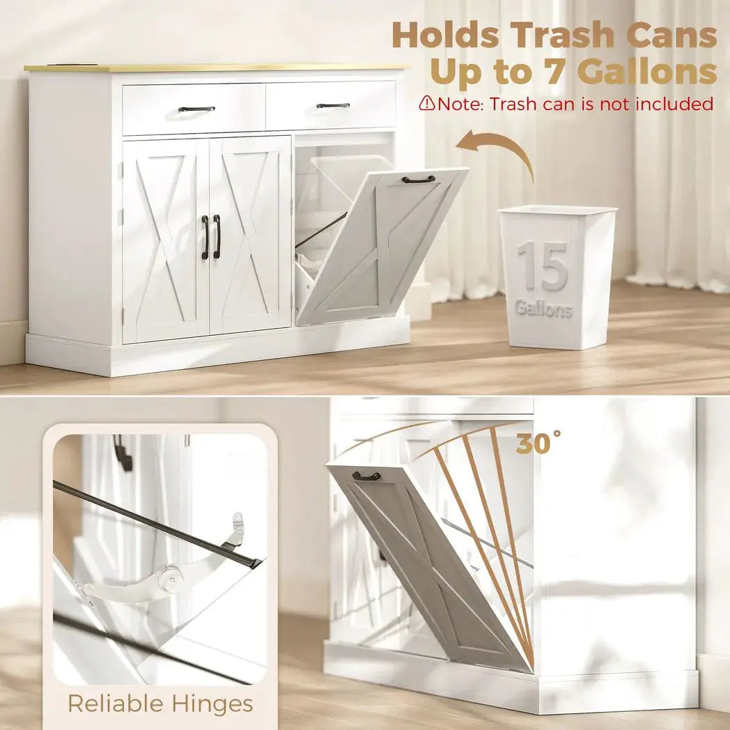 HOMCOM Tilt Out Trash Cabinet with Charging Station, Kitchen Island with Storage, 57 Liter Hidden Rubbish Bin Storage, White - from HOMCOM