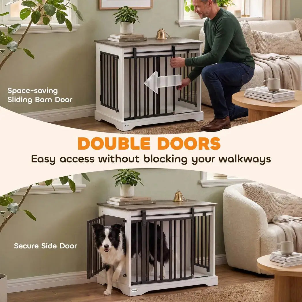 PawHut 80 cm Dog Crate Furniture with Sliding Barn Door for Medium Dogs, White - from PawHut