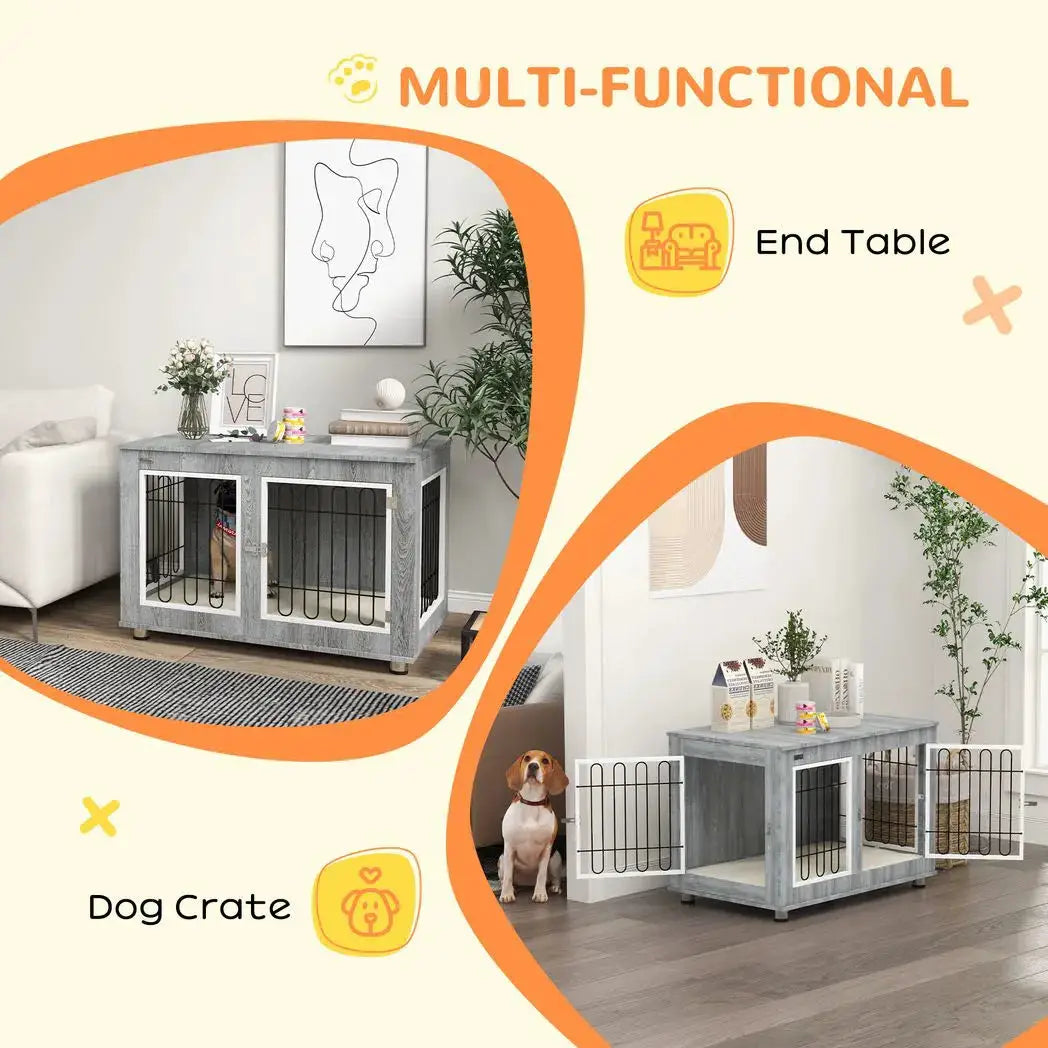 PawHut Dog Crate Furniture End Table, with Washable Cushion, Double Doors, for Medium/Large Dogs, Grey - from PawHut