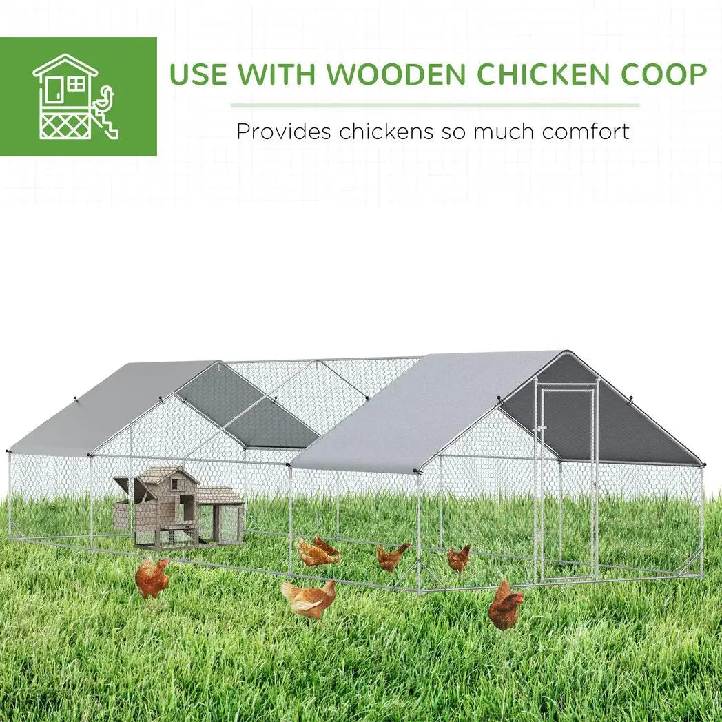 PawHut Chicken Run Galvanised Walk-in Chicken Coop Hen Poultry House Cage Rabbit Hutch with Water-Resist Cover, 3 x 8 x 2m - from PawHut