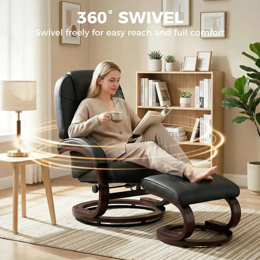 HOMCOM Swivel Recliner Chair with Footstool, PU Leather Recliner Armchair with Adjustable Back and Wood Frame, Black - from HOMCOM
