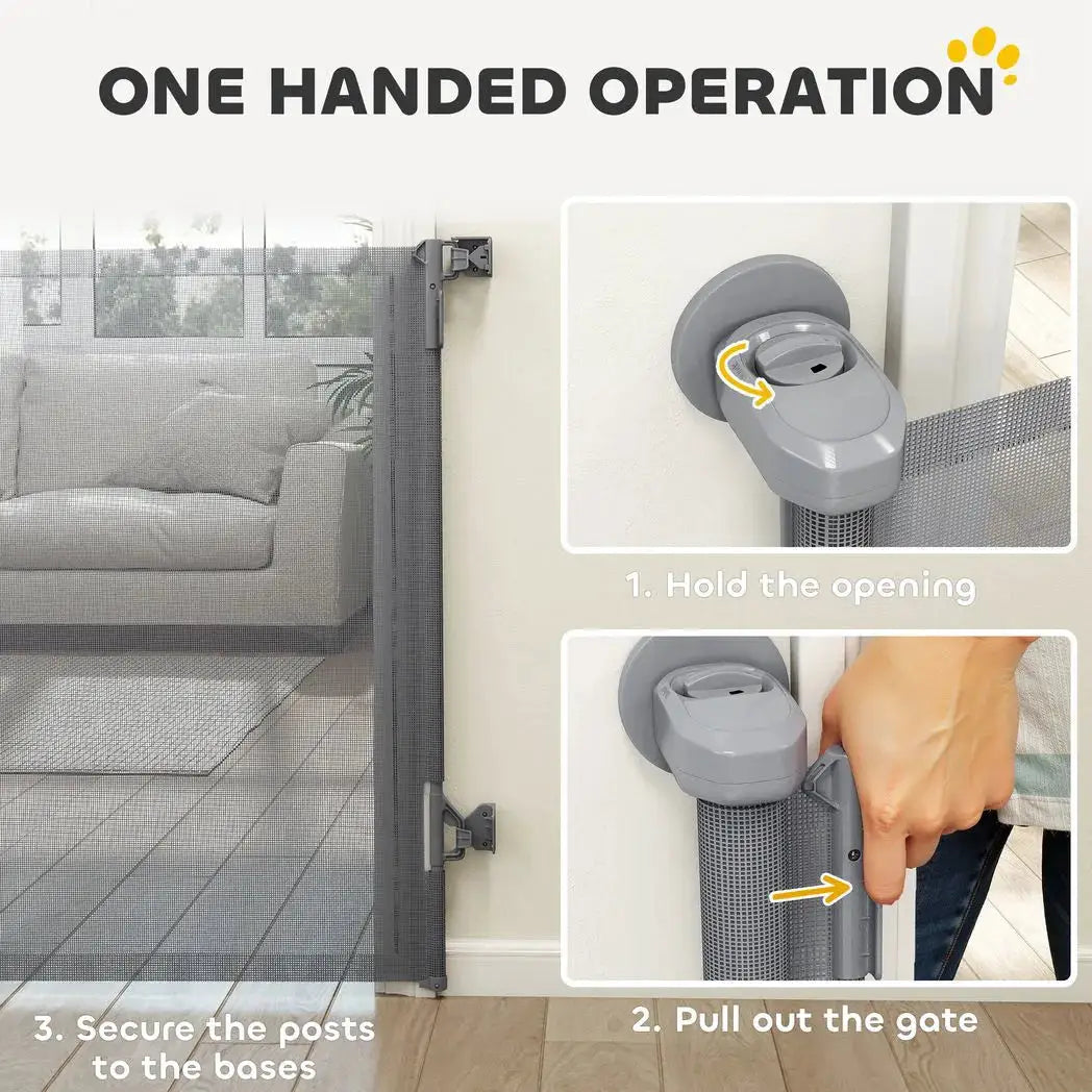 PawHut Retractable Dog Gate, Extends to 140 cm Wide & 93 cm Tall, Mesh Pet Gate with Single Hand Operation, for Stairs Doorways - from PawHut