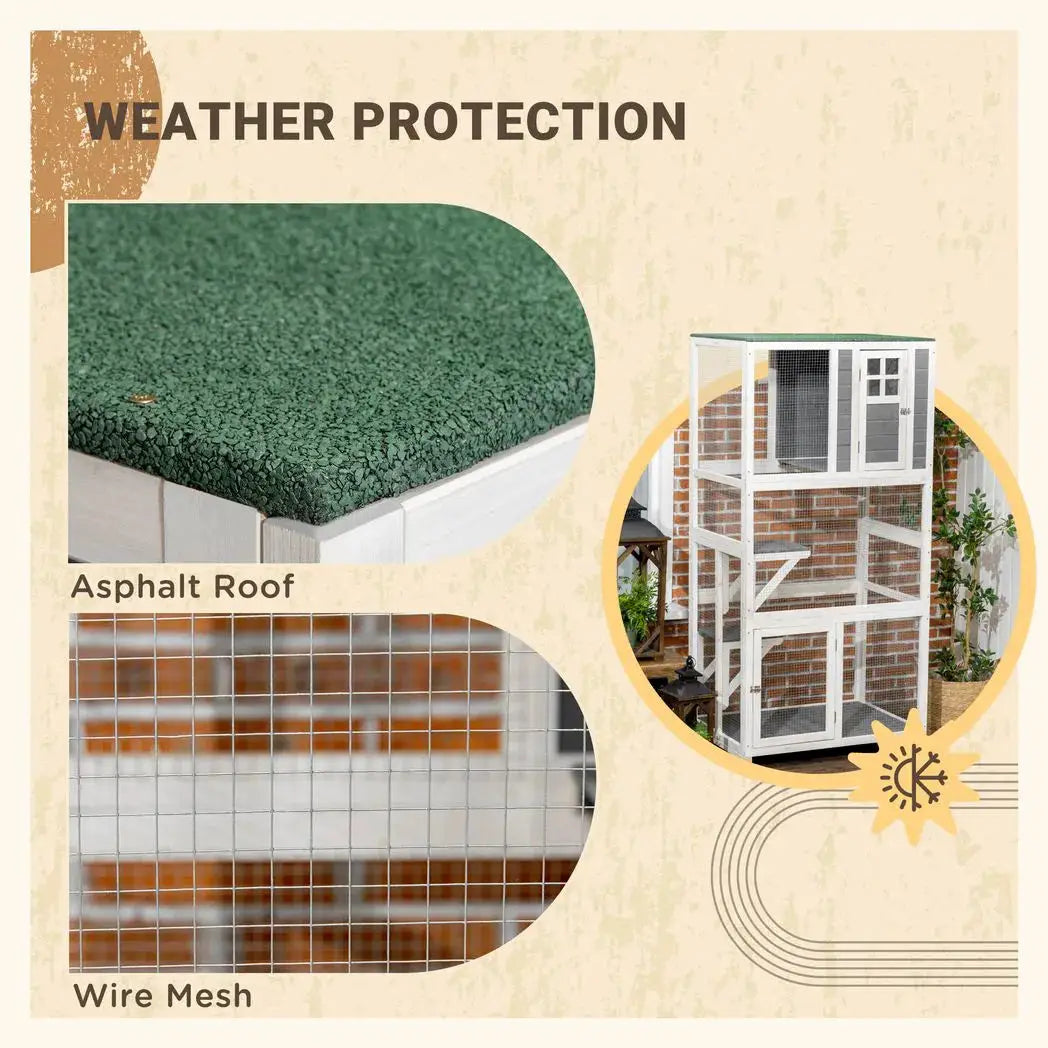 PawHut Wooden Catio Cat Outdoor Enclosure, Cat Cage with Waterproof Roof, Platforms, for Multiple Cats, White - from PawHut