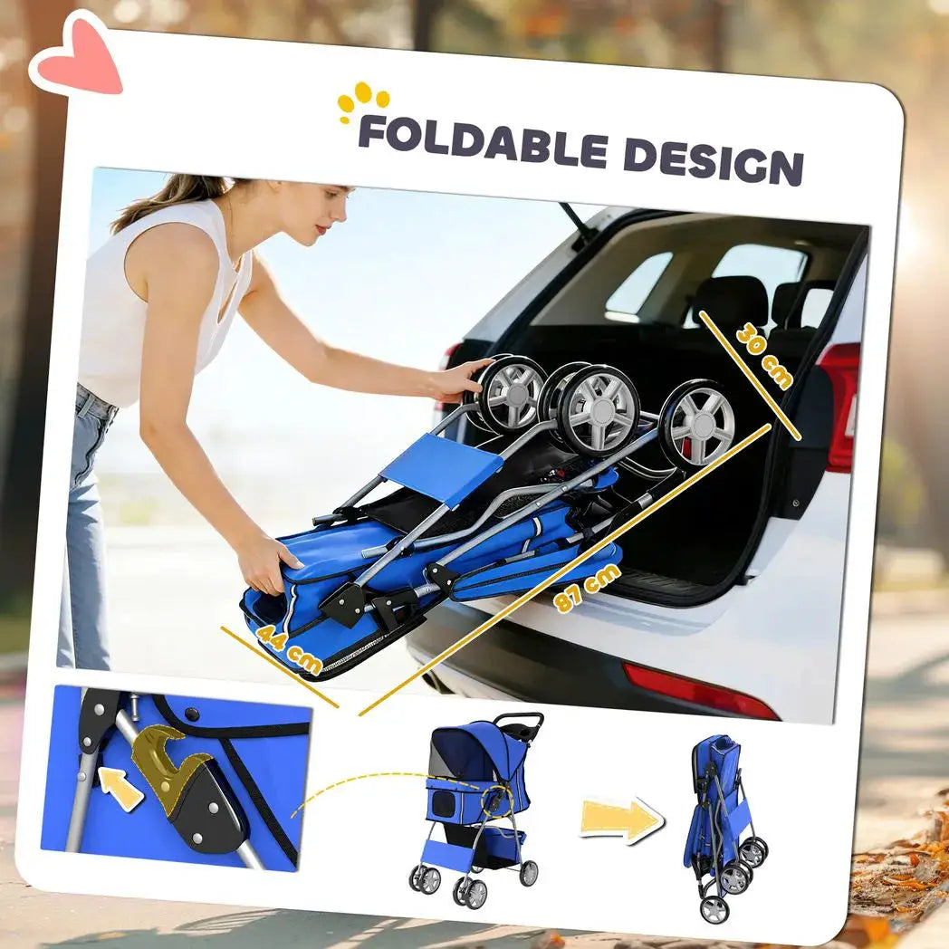 PawHut Dog Pram, Pet Stroller with Reflective Strips, Foldable Cat Stroller with 360° Swivel Wheels, Blue - from PawHut