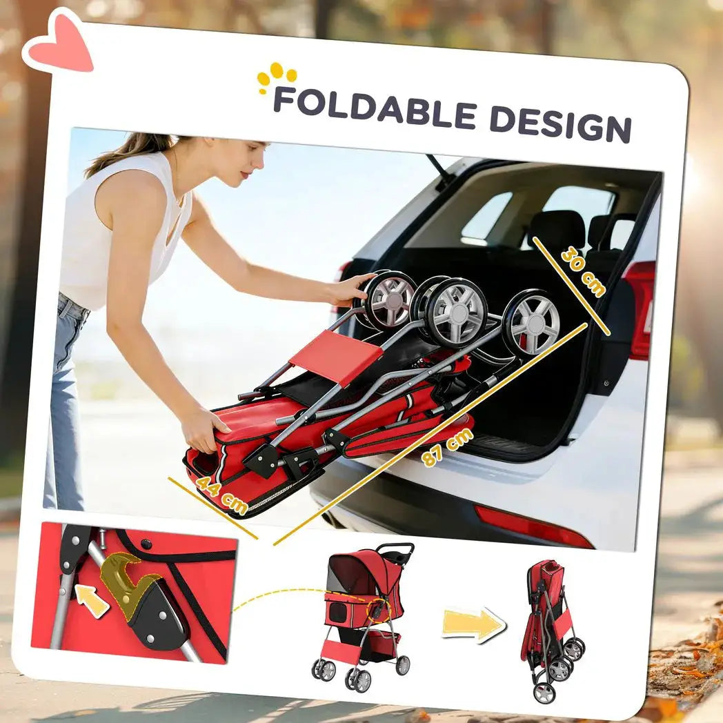 PawHut Dog Pram, Pet Stroller with Reflective Strips, Foldable Cat Stroller with 360° Swivel Wheels, Red - from PawHut