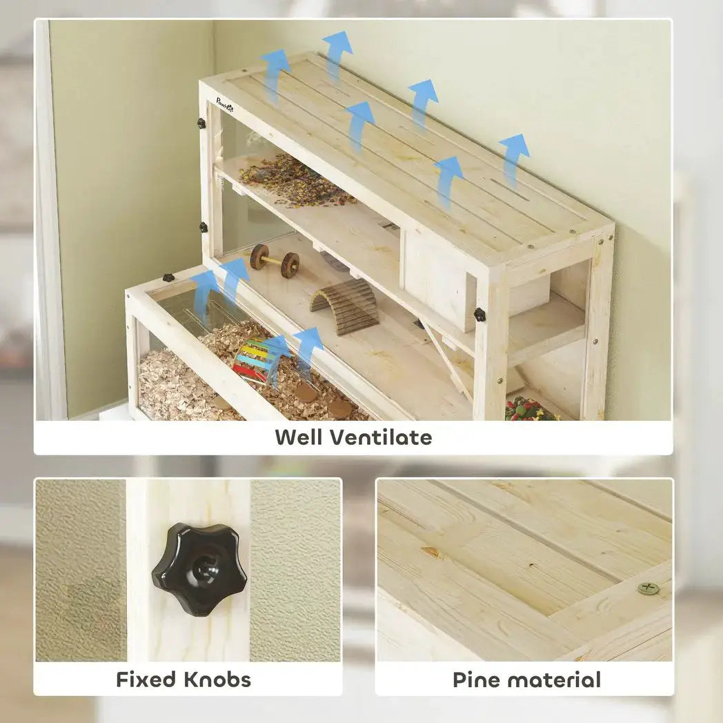 PawHut Wooden Hamster Cage with Hut, Wheel, Ramps, Removable Viewing Panels, 100 x 50 x 84 cm, Natural Wood - from PawHut