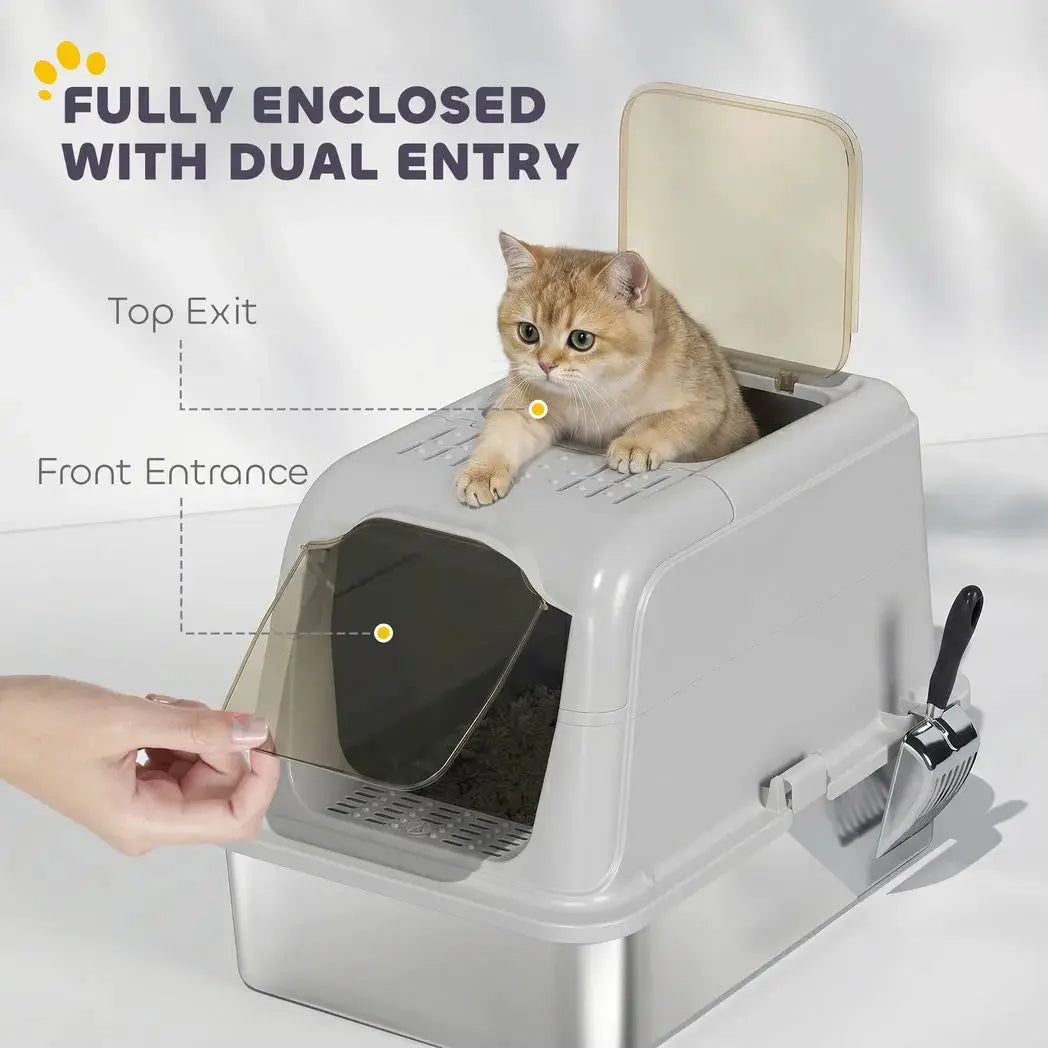 PawHut Extra Large Stainless Steel Litter Box, Enclosed Cat Litter Tray with Scoop, Deodorizer Bag, Front-Entry and Top-Exit - from PawHut