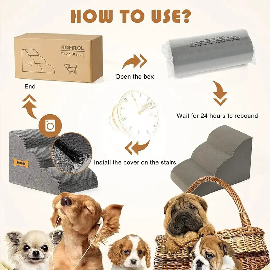 3Step Dog Stairs Pet For Bed Sofa Cats Ladder Ramp With Removable Cover Portable - from N/A