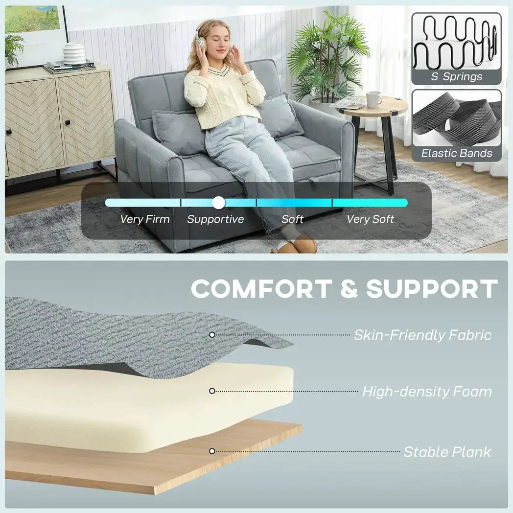 HOMCOM 2 Seater Sofa Bed, 3-in-1 Convertible Sleeper Sofa with Click-clack Adjustable Backrest and 2 Pillows, Grey - from HOMCOM
