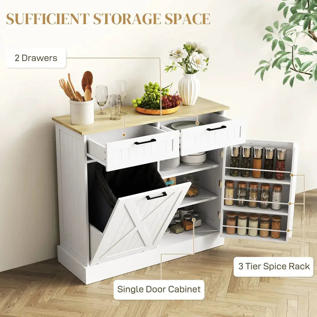 HOMCOM Sideboard with Tilt-out Trash Bin, Farmhouse Kitchen Sideboard with 2 Drawers, Adjustable Shelves, Door Racks, White - from HOMCOM