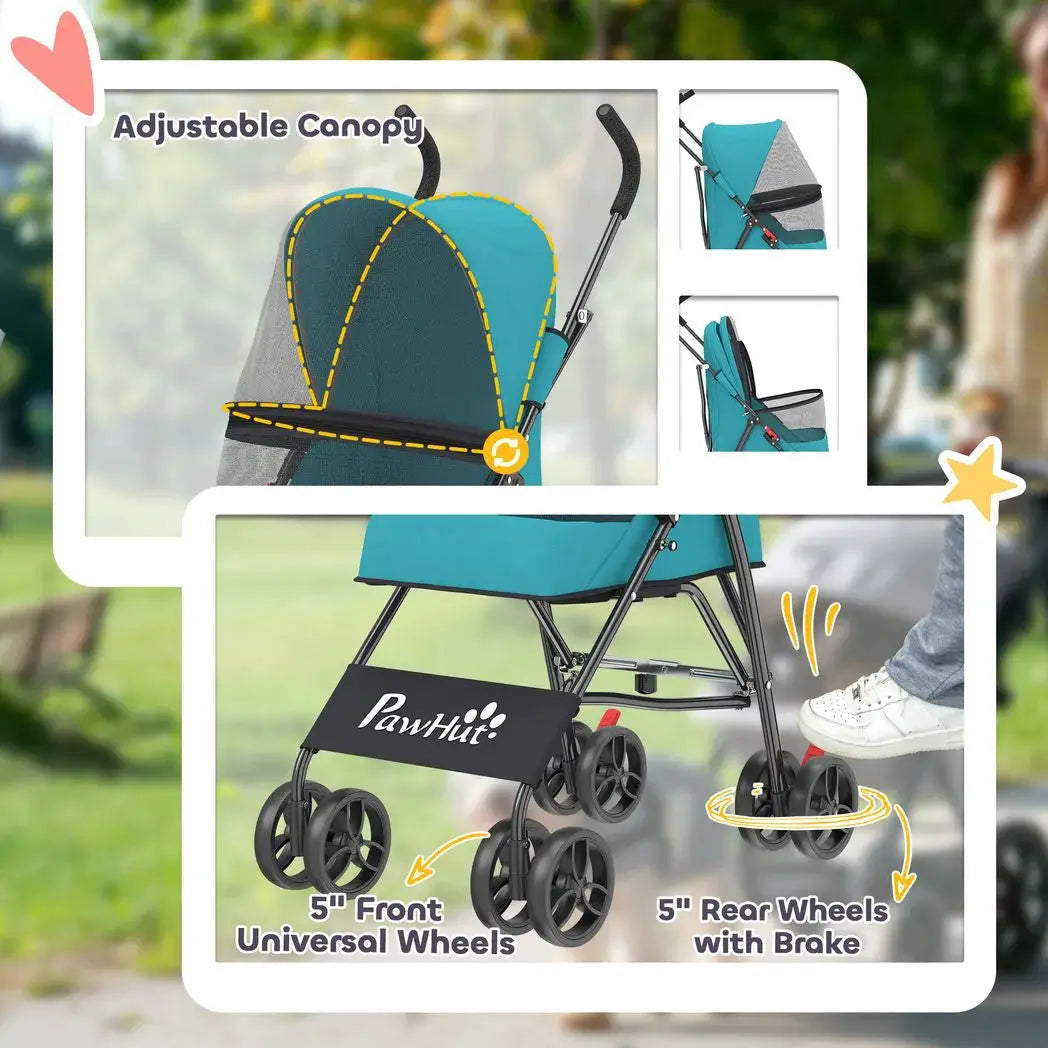 PawHut Dog Stroller, Foldable Cat Dog Pram for Miniature Breeds, Pet Stroller with Brake, Mesh Windows, Dark Green - from PawHut