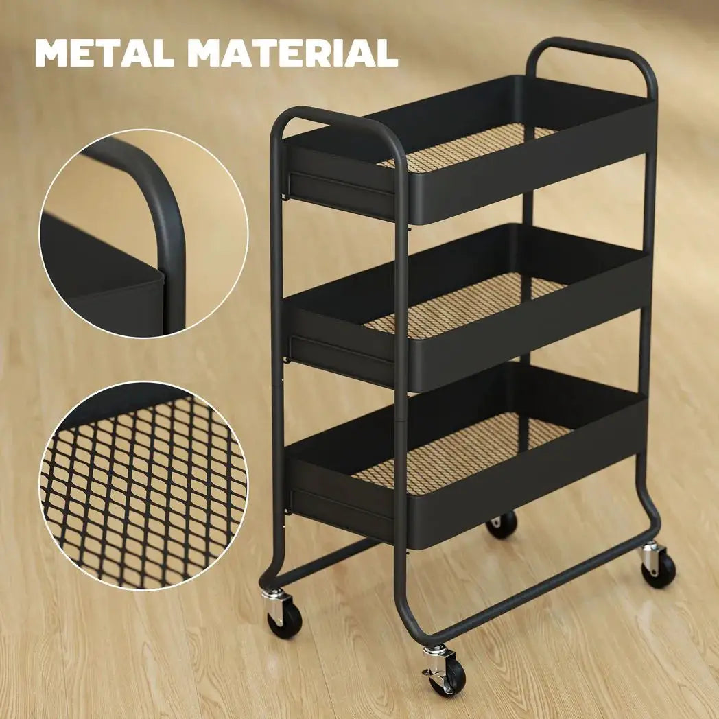 HOMCOM 3-Tier Storage Trolley on Wheels, Rolling Utility Cart with Mesh Backets for Kitchen, Bathroom, Bedroom, Black - from HOMCOM