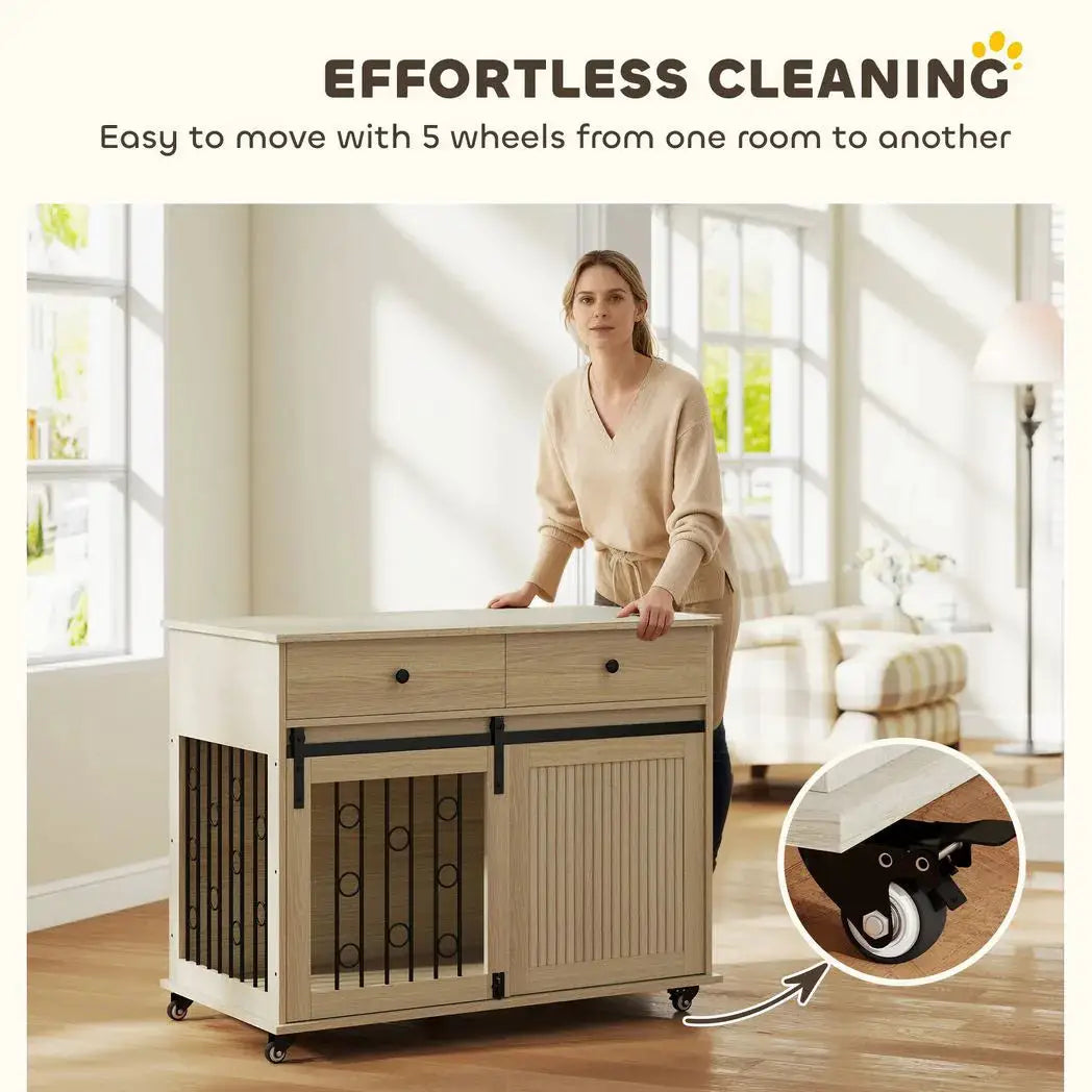 PawHut Dog Crate Furniture on Wheels, Dog Cage with 2 Drawers, Sliding Door, for Medium Large Dogs, Oak Tone - from PawHut