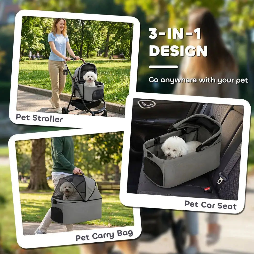 PawHut Dog Stroller, 3 in 1 Foldable Pet Stroller for Small Puppy Cat with Detachable Travel Carrier, Storage Basket, Grey - from PawHut