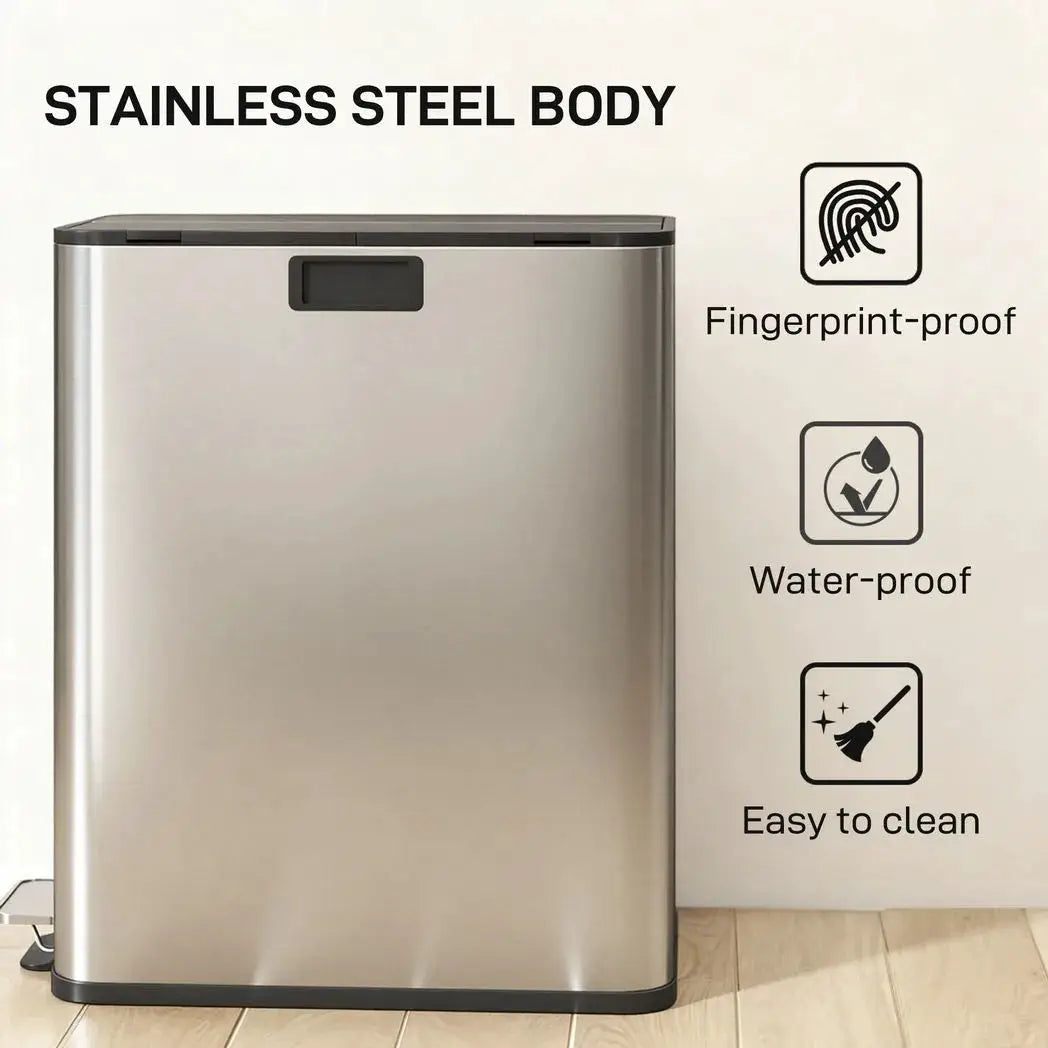 HOMCOM Dual Kitchen Bin with Soft-Close Butterfly Lid, 2 x 28L Stainless Steel Pedal Bin with Removable Inner Buckets, Fingerprint-Proof for Recycling and Waste, Silver Tone - from HOMCOM