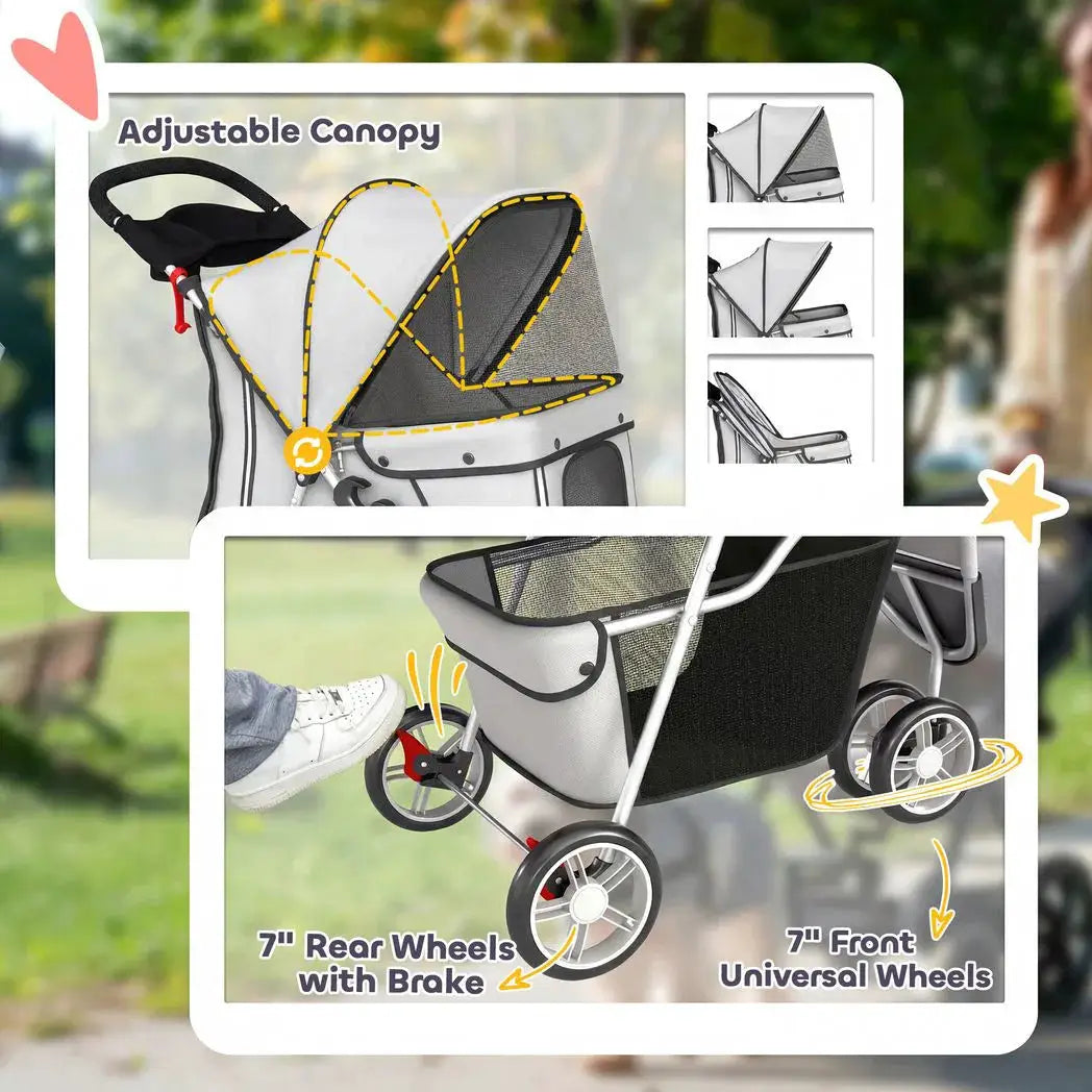 PawHut Dog Stroller, 3 Wheels Foldable Pet Stroller with Adjustable Canopy, Storage Basket for Small Mini Breeds, Grey - from PawHut