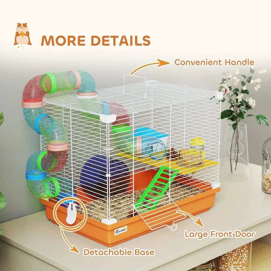PawHut 2 Tier Hamster Cage, Gerbil Cage with Handle, Exercise Wheels, Tunnel, Water Bottle, Dishes, Ladder, for Dwarf - from PawHut