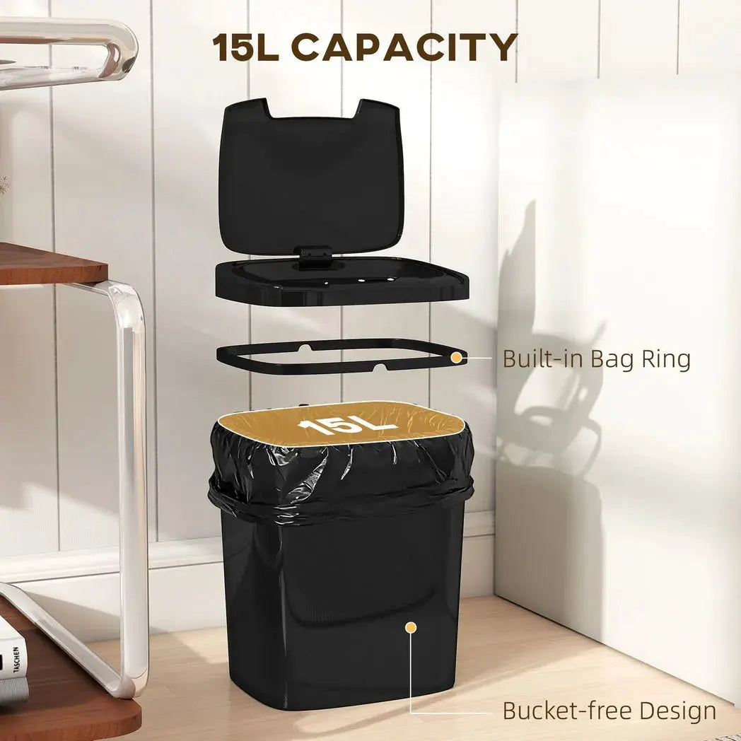 HOMCOM 15L Sensor Bin, Automatic Touchless Kitchen Bin, Easy Clean, Battery Operated for Home Office, Bedroom, Bathroom, Black - from HOMCOM