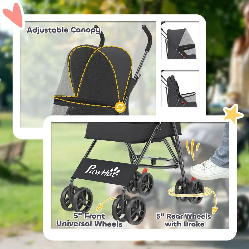 PawHut Dog Stroller, Foldable Cat Dog Pram for Miniature Breeds, Pet Stroller with Brake, Mesh Windows, Black - from PawHut