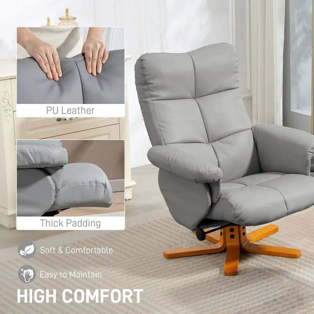 HOMCOM PU Leather Swivel Recliner Chair with Footstool, Wooden Base and Storage for Living Room, Light Grey - from HOMCOM